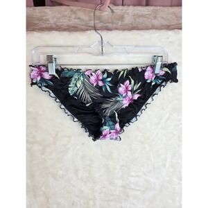 Shade & Shore Black Tropical Floral Ruffle Ruched Bikini Bottom Womens Medium